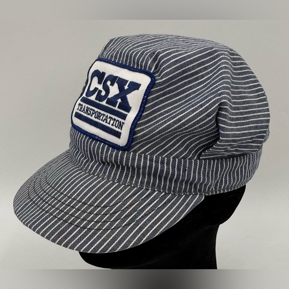 CSX Transportation RR Railroad Hat Cap Train Conductor Blue Striped US Made‎ Vtg